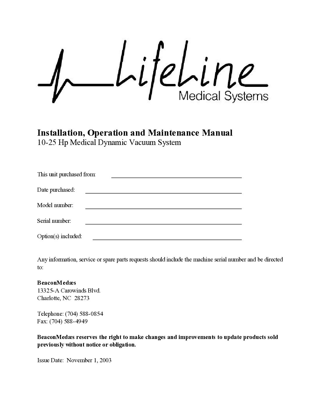 LifeLine Medical Dynamic Vacuum O&M 11-1-03