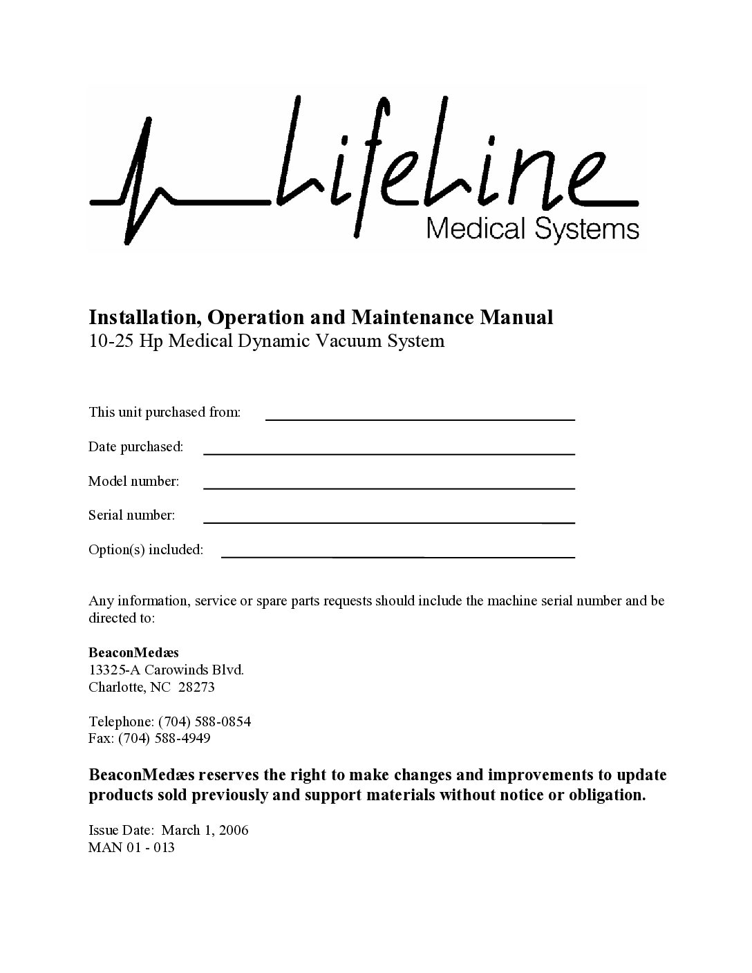 LifeLine Medical Dynamic Vacuum O&M MAN01-013 3-1-06