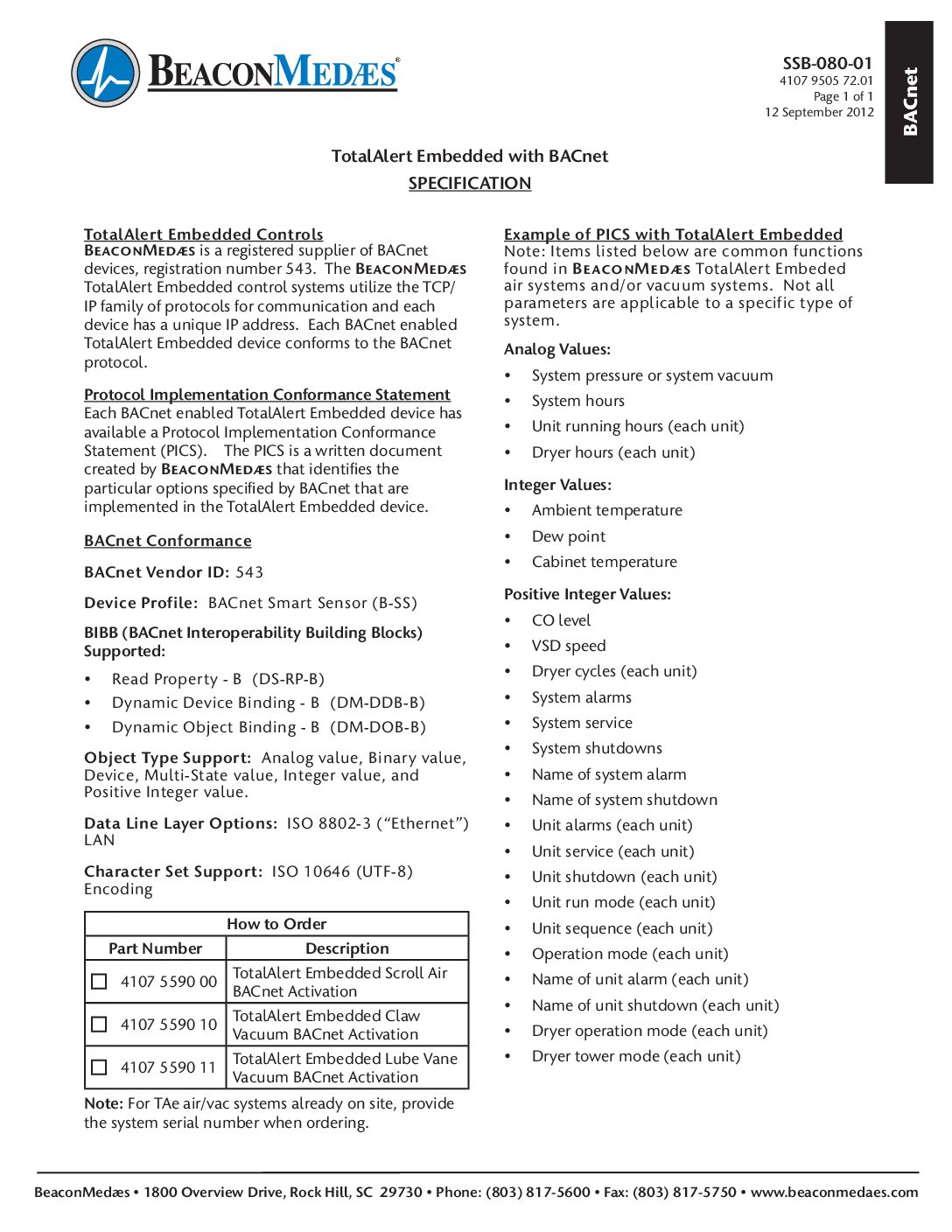 SSB-080-01 BACnet Activation