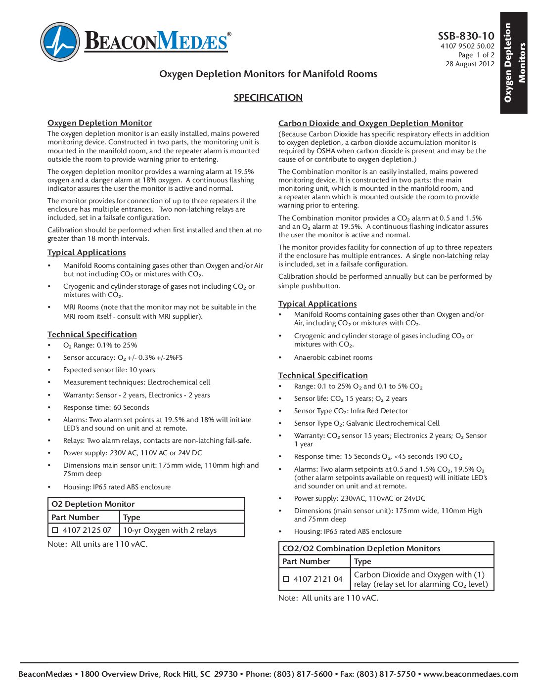 SSB-830-10 Oxygen Depletion Monitor