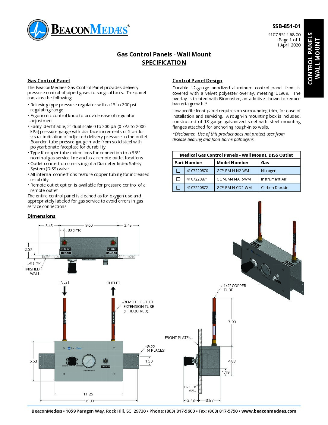 Wall-Mount Gas Control Panel Specification Sheet