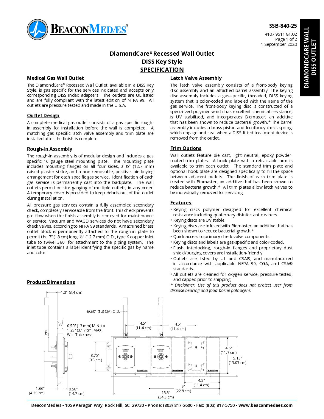 DiamondCare DISS Recessed Wall-Ceiling Outlet Technical Datasheet (SSB-840-25)
