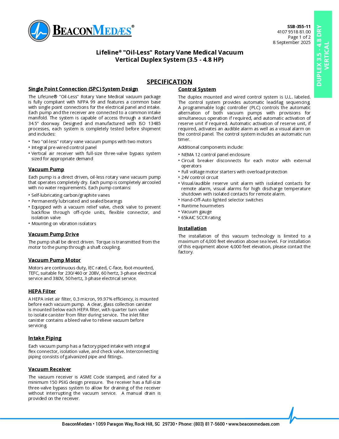 Oil-Less Rotary Vane Duplex Vertical 1.5–5 HP Datasheet
