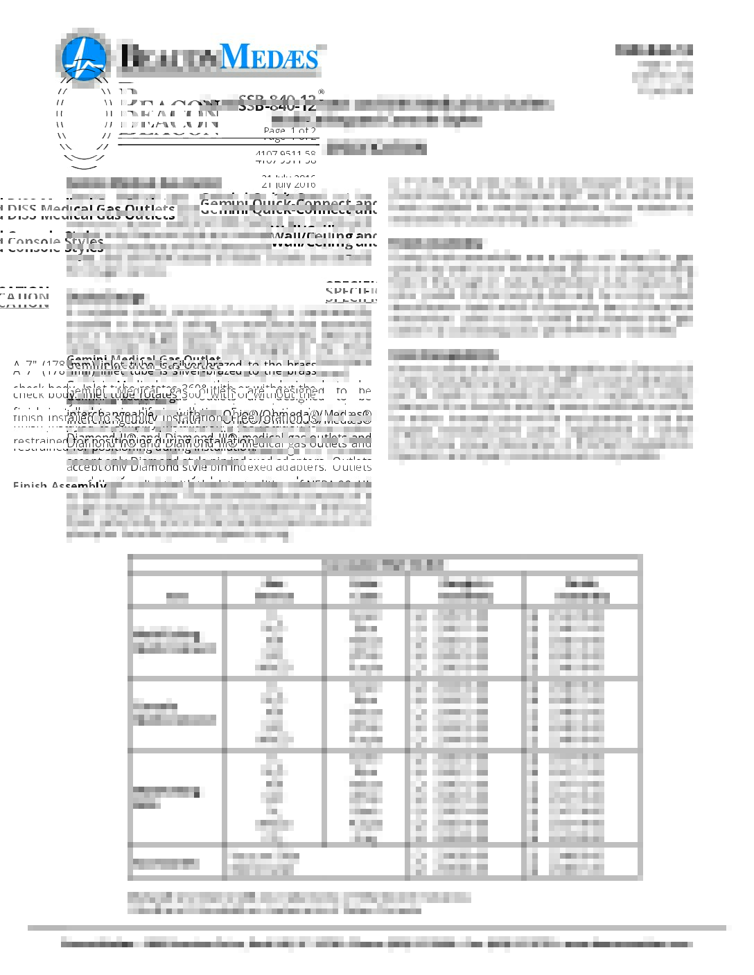 SSB-840-12 Gemini Quick-Connect and DISS Outlets Datasheet