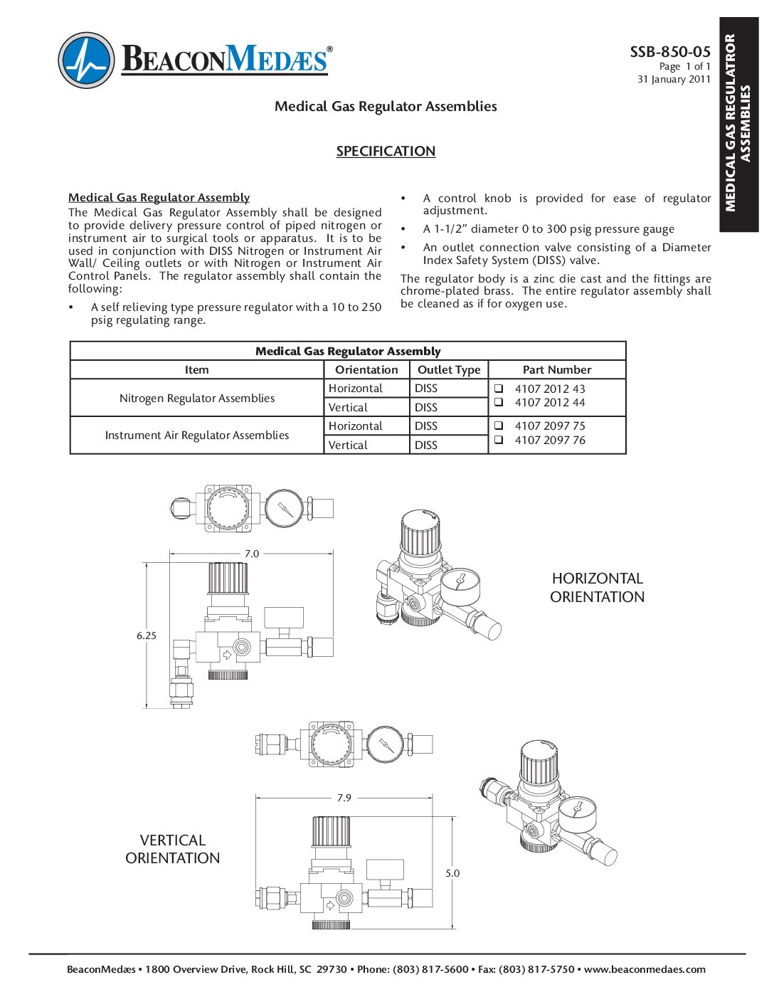 Medical Gas Regulator Assemblies Specification Sheet