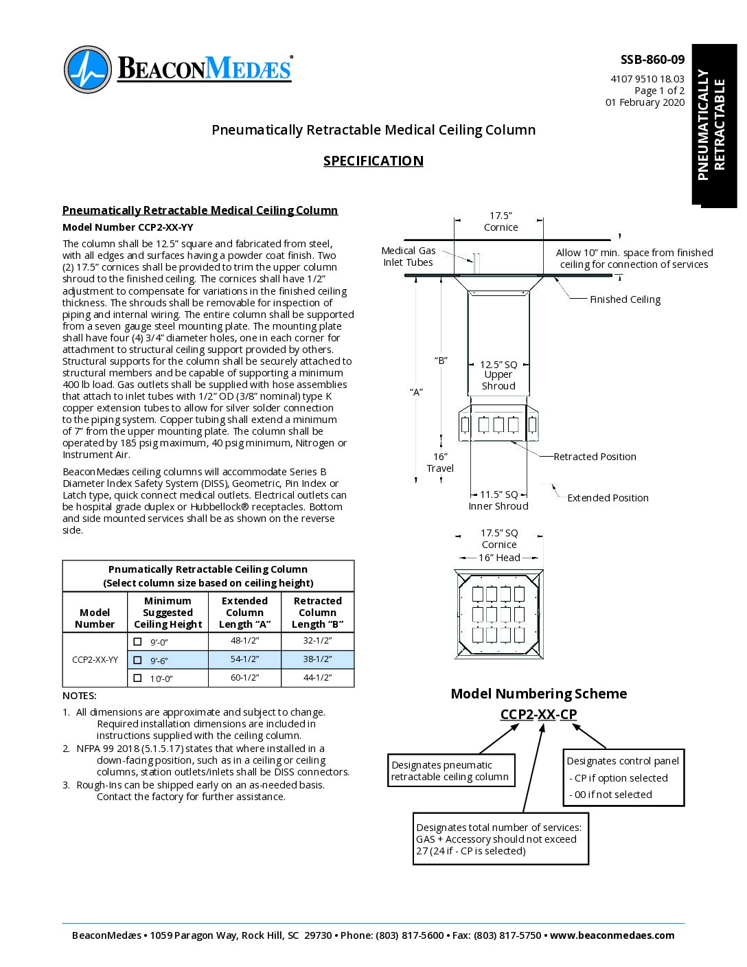 Pneumatically Retractable Medical Ceiling Column Datasheet