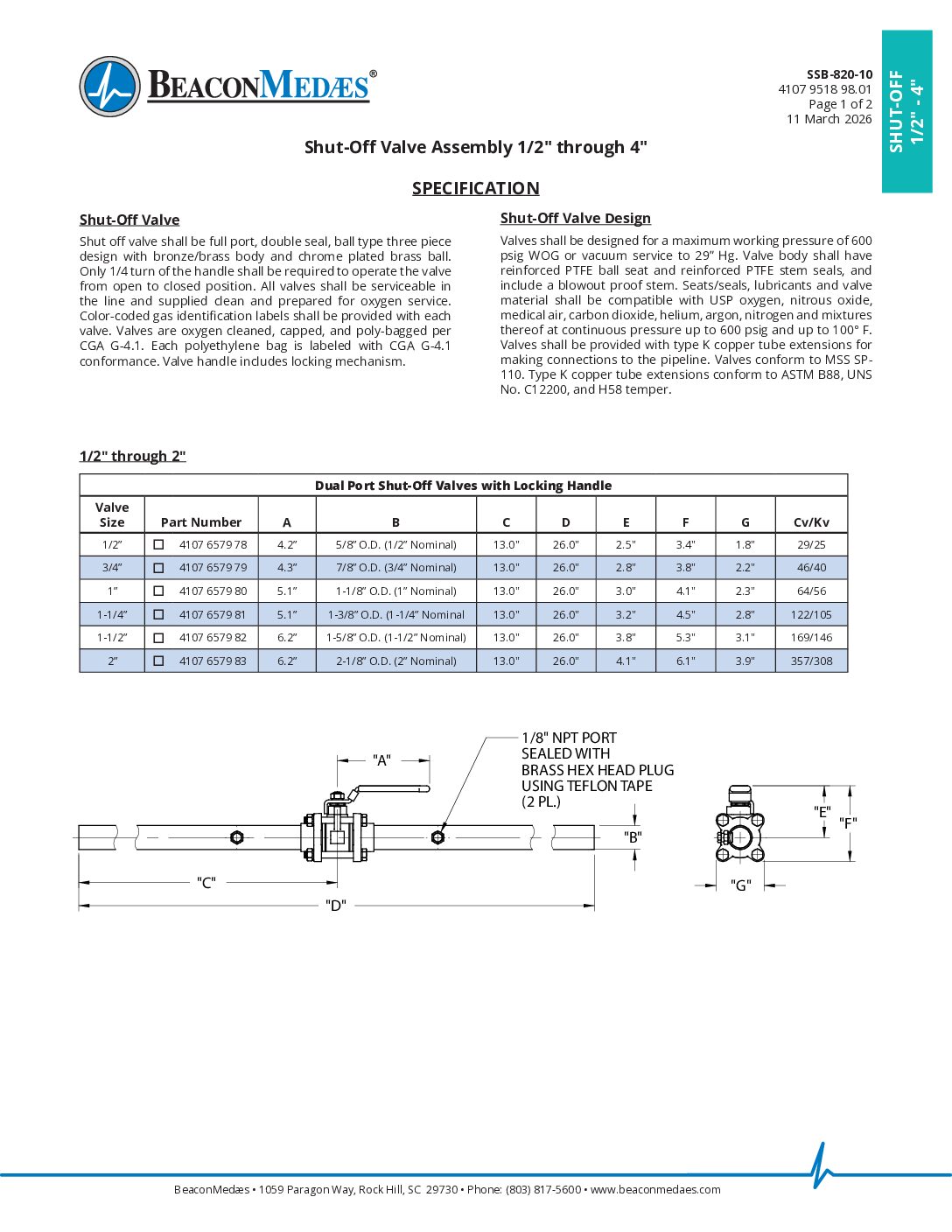 Shut-Off Valve Assembly Datasheet
