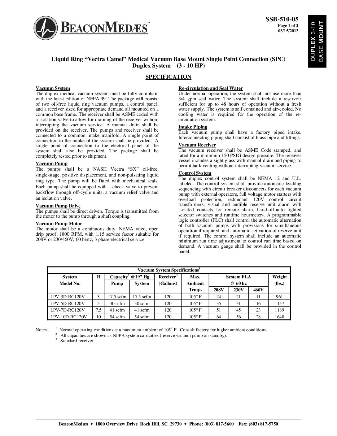 Liquid Ring Camel duplex SPC 3-10 HP NFPA datasheet SSB-510-05