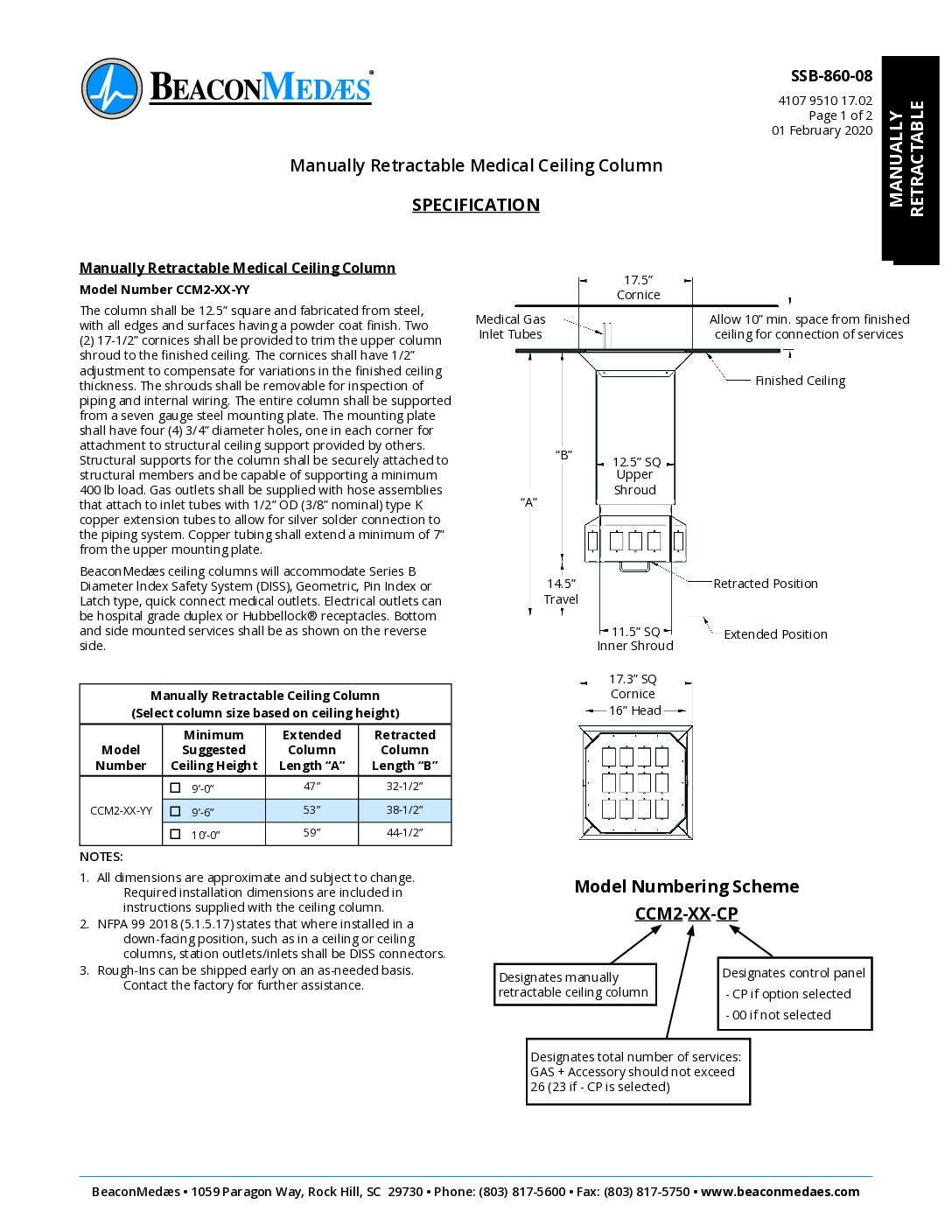 Manually retractable ceiling column datasheet 4107951017