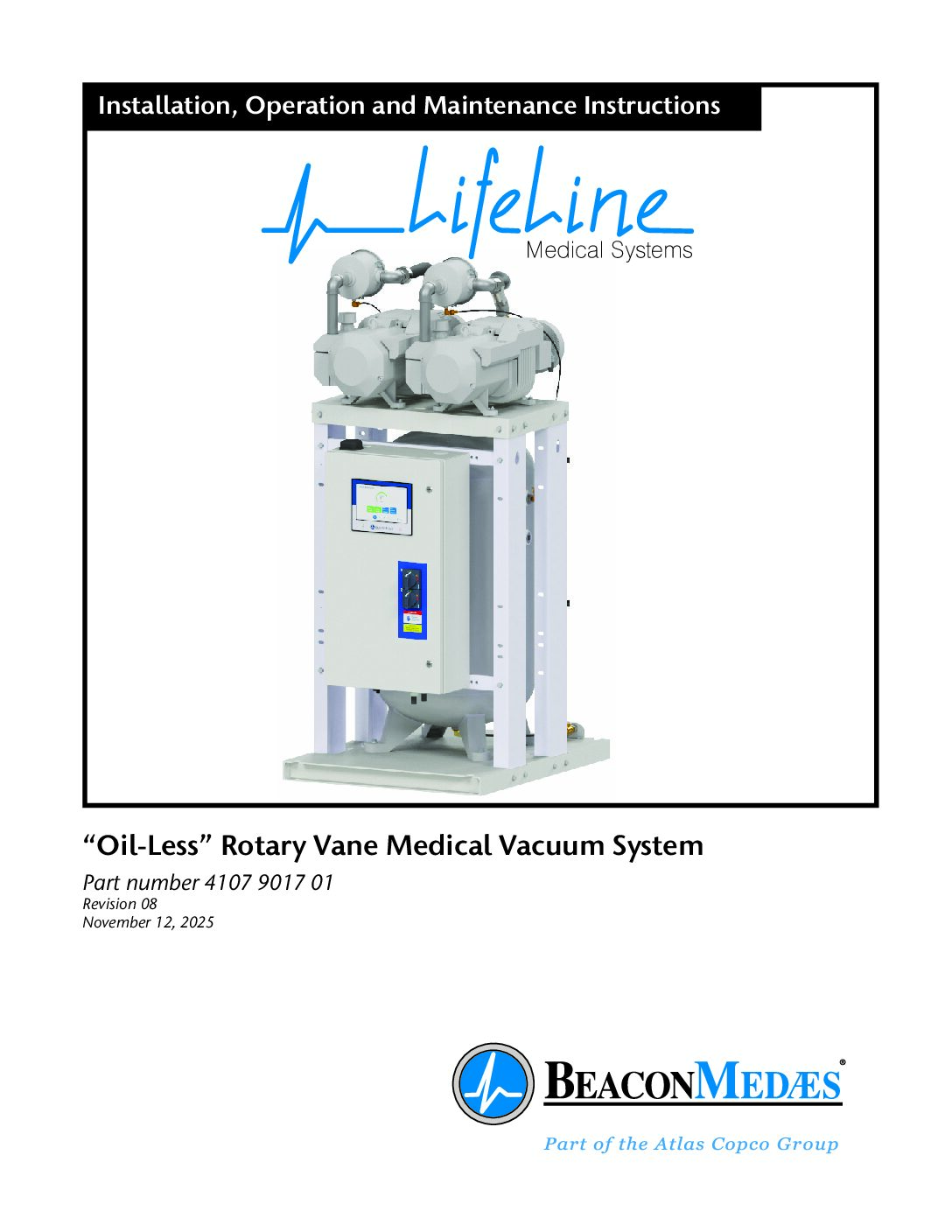 Oil-less rotary vane medical vacuum NFPA instruction book 4107901701