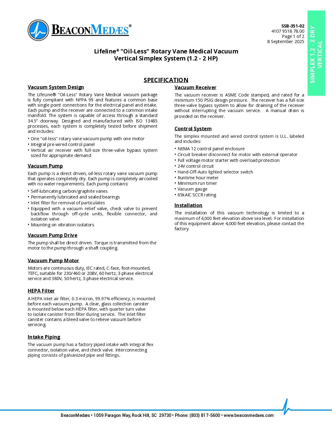 Oil-less rotary vane simplex vertical 1.5-2 HP NFPA datasheet 4107951647