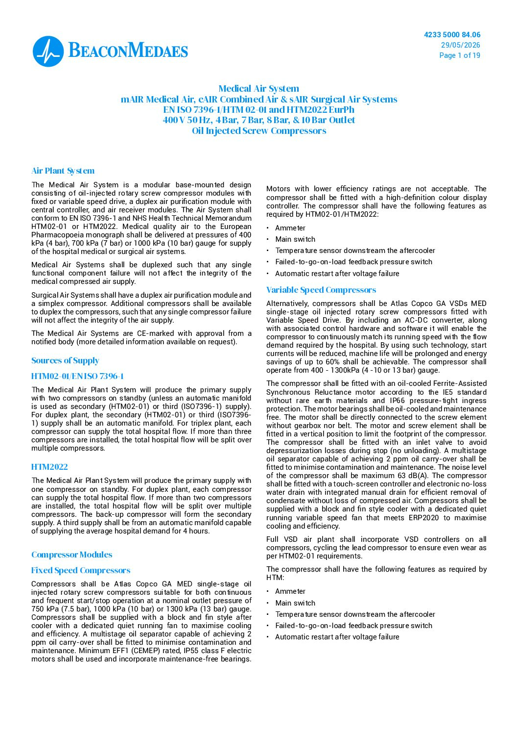Oil-injected Screw HTM 50 Hz Technical Datasheet 4233500084