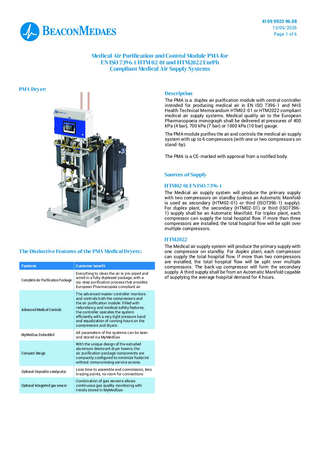 PMA Separate-Unit Product Specification Sheet